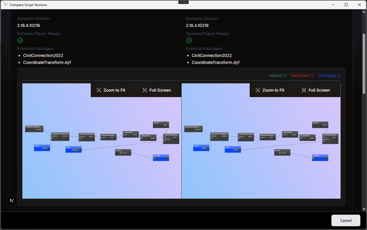 BIMformative script compare dialog showing visual differences between versions